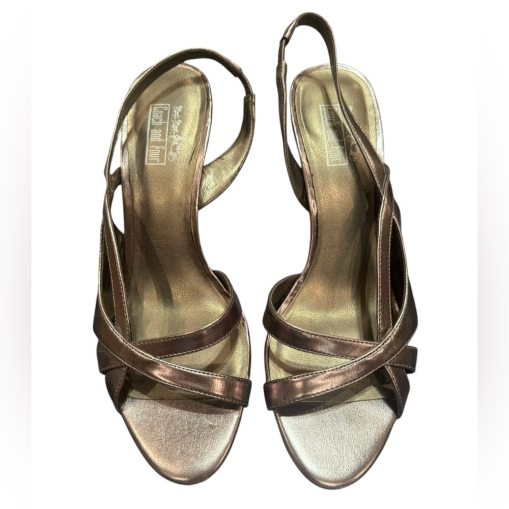 Coach And Four Principe Pewter Bronze Strappy Shoes Heels 3.5 In Heel Sz 7.5